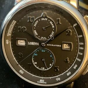 EUC Black Automatic Triple Date Lobinni Watch w Box/Manual Breguet Numerals